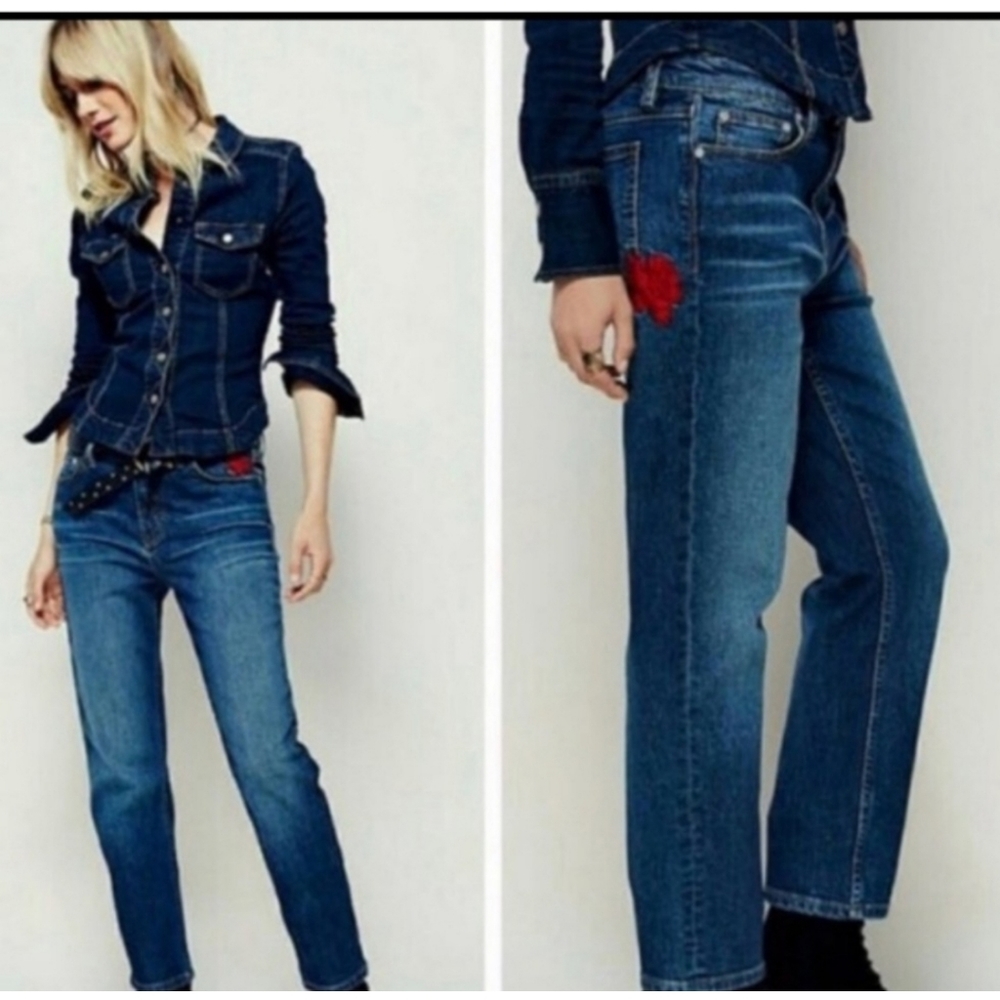 Free People Four Seasons Rose Flower Embroidered Jeans 26